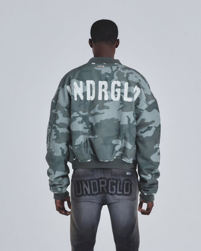 Holy Worn Logo Bomber Jacket Gray Camo