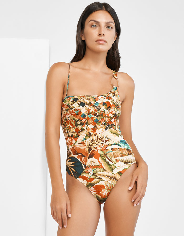 Hypnotic One Shoulder Swimsuit - Sepia Leaves - Simply Beach UK