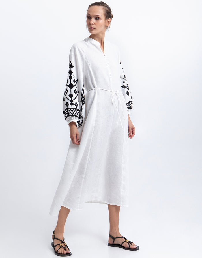 Greek Archaic Kori Ios Button Front Kaftan Dress - White and Black - Simply Beach UK