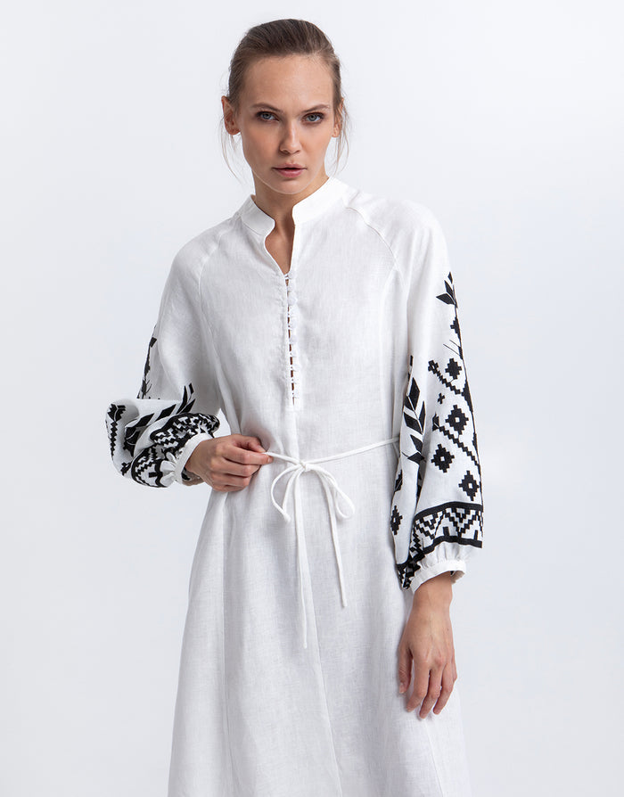 Greek Archaic Kori Ios Button Front Kaftan Dress - White and Black - Simply Beach UK