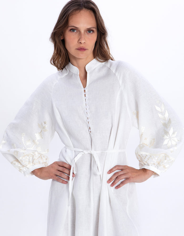 Greek Archaic Kori Ios Button Front Kaftan Dress - White and Champagne - Simply Beach UK