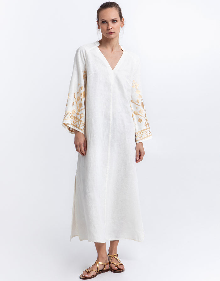 Greek Archaic Kori Ios Kaftan Dress - White and Gold - Simply Beach UK
