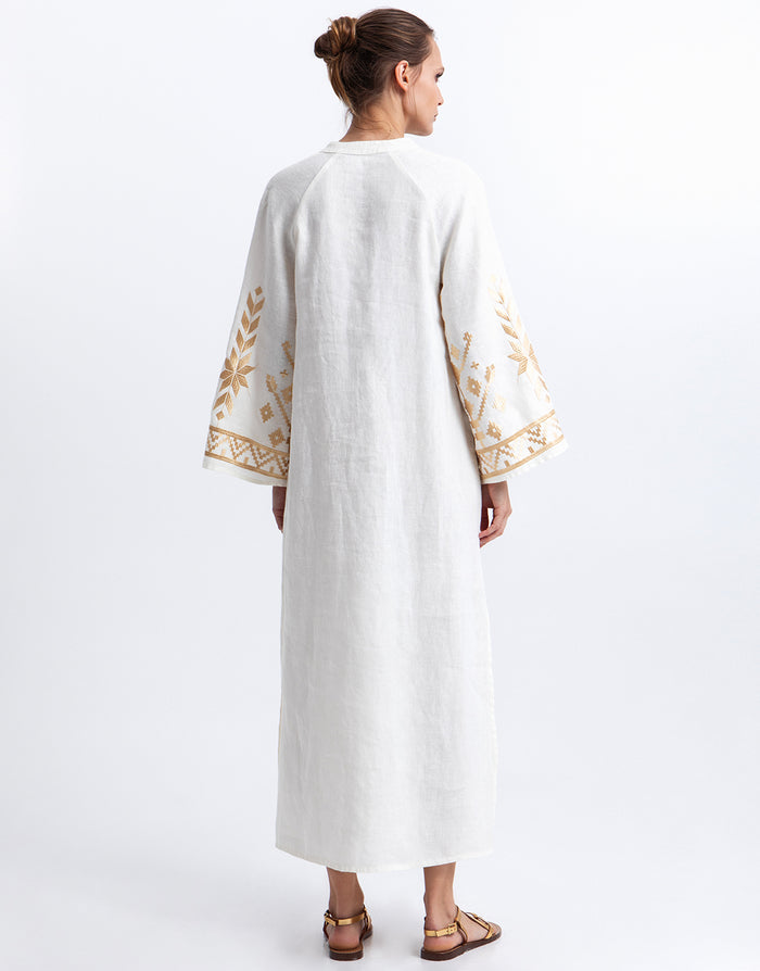 Greek Archaic Kori Ios Kaftan Dress - White and Gold - Simply Beach UK