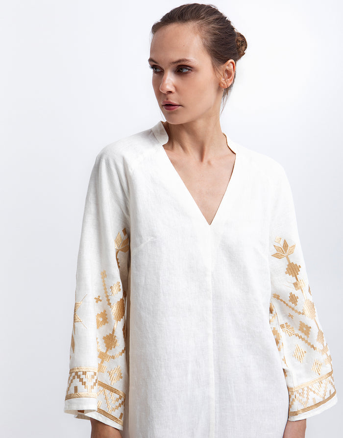 Greek Archaic Kori Ios Kaftan Dress - White and Gold - Simply Beach UK