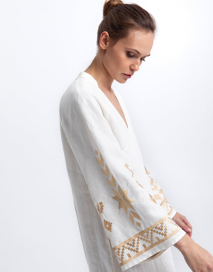 Greek Archaic Kori Ios Kaftan Dress - White and Gold - Simply Beach UK