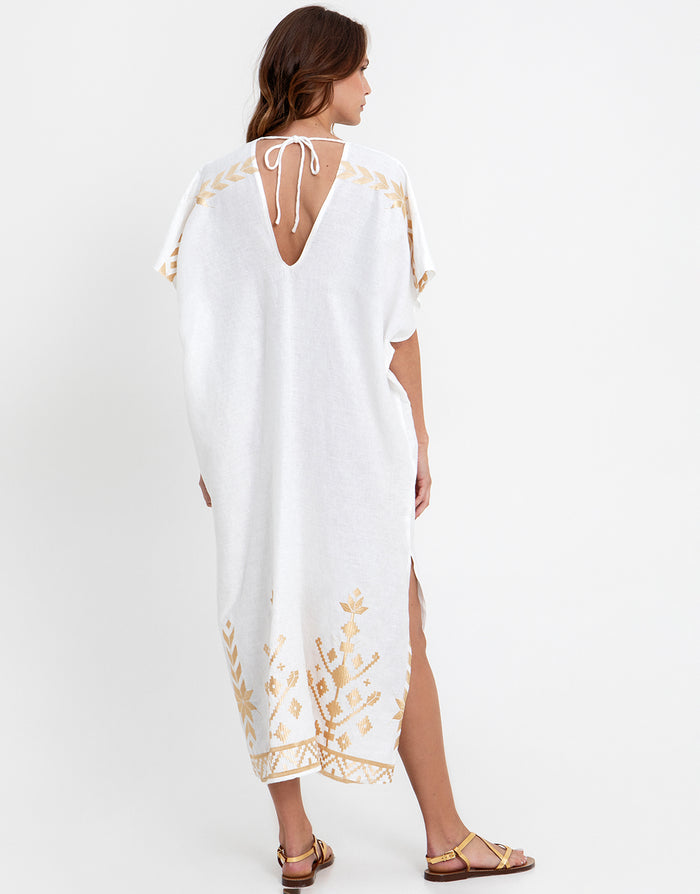 Greek Archaic Kori Ios Midi Kaftan - White and Gold - Simply Beach UK