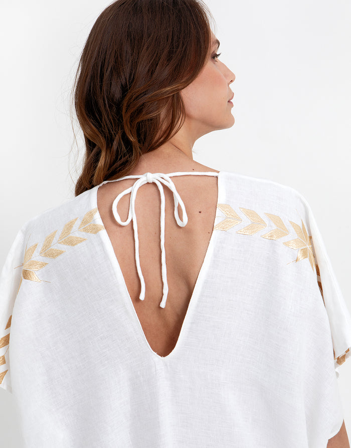 Greek Archaic Kori Ios Midi Kaftan - White and Gold - Simply Beach UK