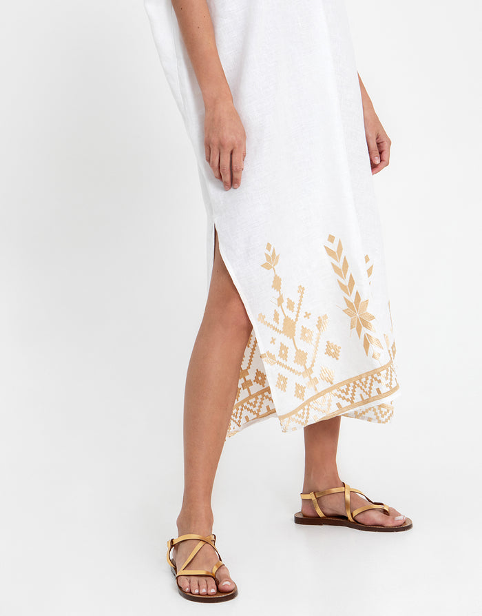 Greek Archaic Kori Ios Midi Kaftan - White and Gold - Simply Beach UK