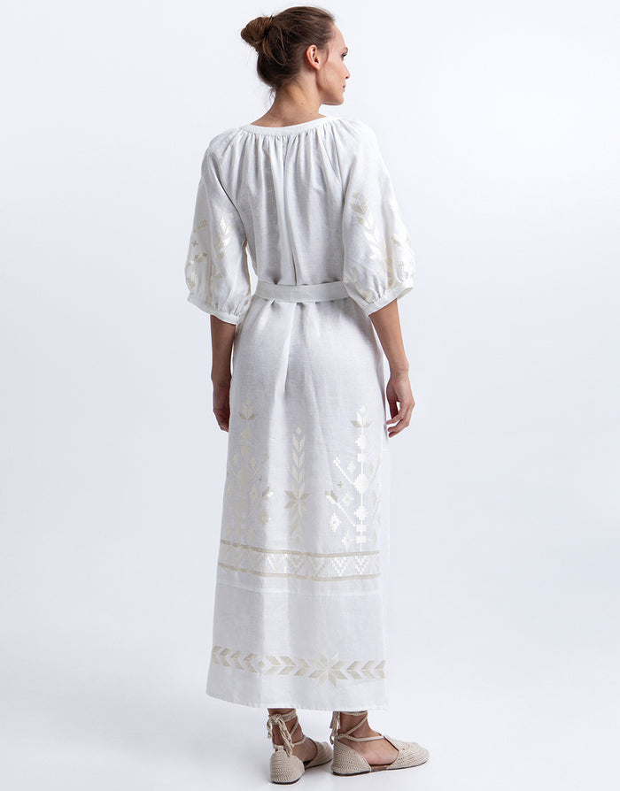 Greek Archaic Kori Ios Midi Kaftan Dress - White and Champagne - Simply Beach UK