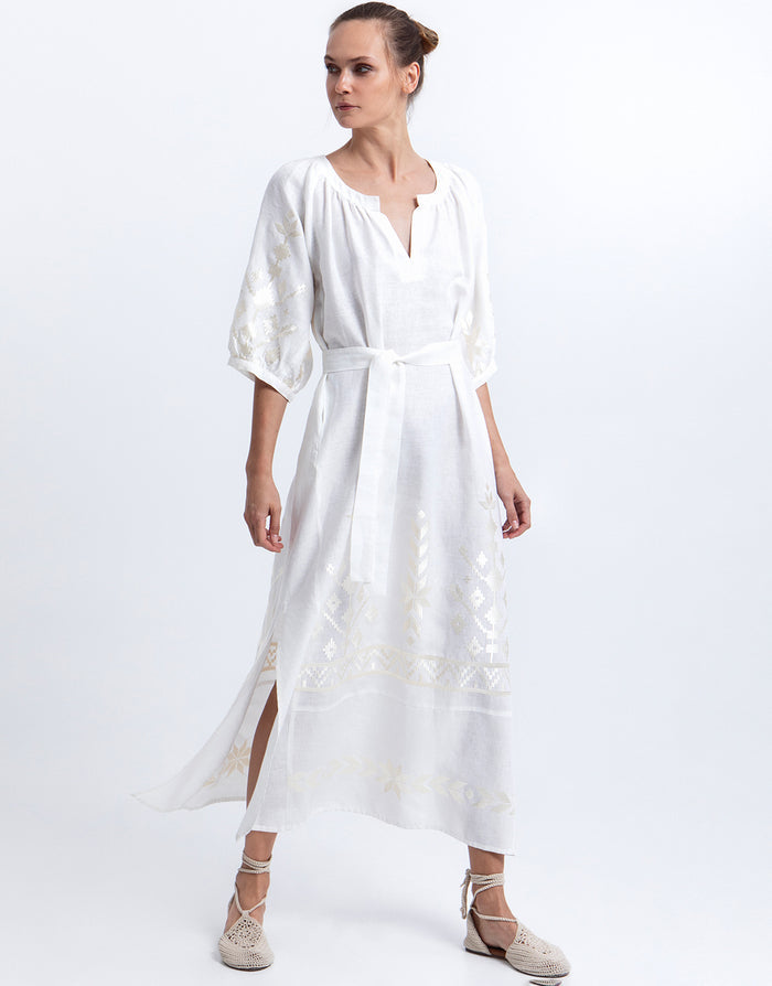 Greek Archaic Kori Ios Midi Kaftan Dress - White and Champagne - Simply Beach UK