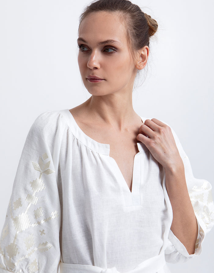 Greek Archaic Kori Ios Midi Kaftan Dress - White and Champagne - Simply Beach UK