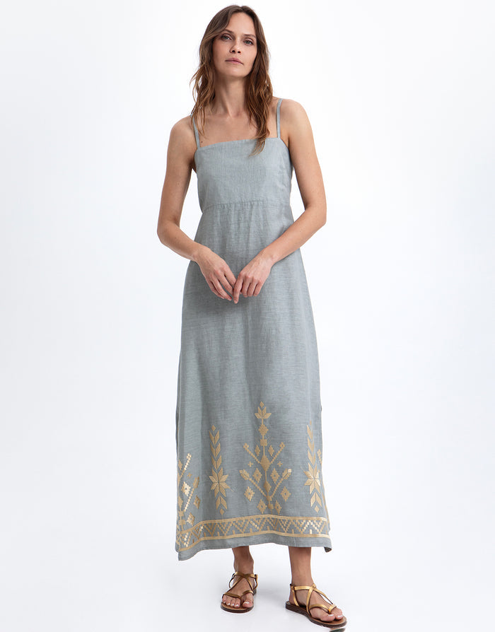Greek Archaic Kori Ios Strappy Bandeau Dress - Light Grey and Gold - Simply Beach UK
