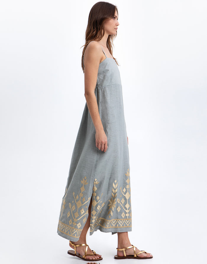Greek Archaic Kori Ios Strappy Bandeau Dress - Light Grey and Gold - Simply Beach UK