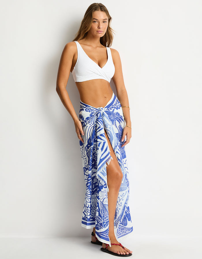 Sea Level Jungle Lino Long Sarong - Blue - Simply Beach UK