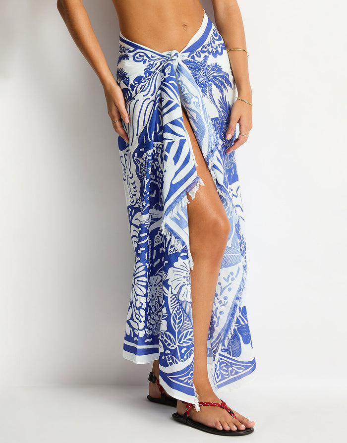 Sea Level Jungle Lino Long Sarong - Blue - Simply Beach UK