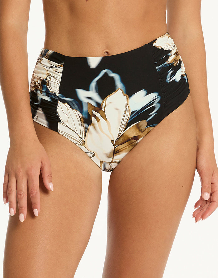 Sea Level La Luna High Waist Gathered Side Bikini Pant - Black - Simply Beach UK