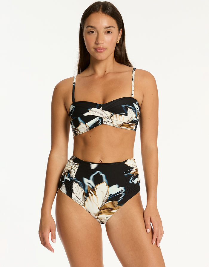 Sea Level La Luna High Waist Gathered Side Bikini Pant - Black - Simply Beach UK