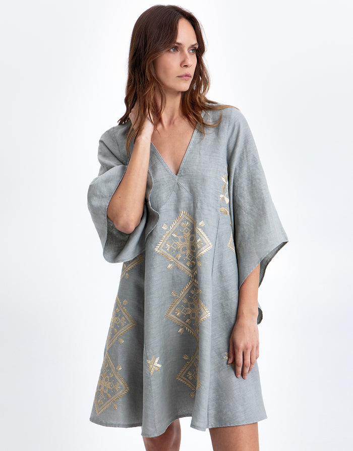 Greek Archaic Kori Lefkada Kaftan - Stone and Gold - Simply Beach UK