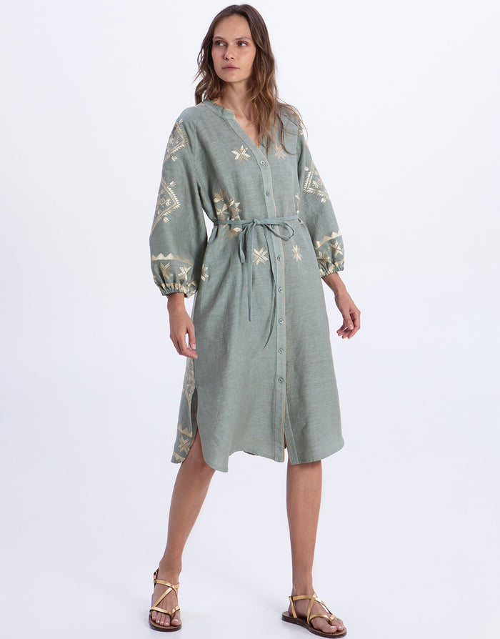 Greek Archaic Kori Lefkada Midi Shirt Dress - Sage and Gold - Simply Beach UK
