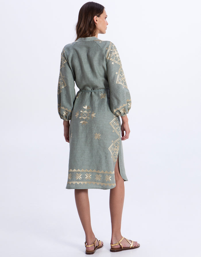 Greek Archaic Kori Lefkada Midi Shirt Dress - Sage and Gold - Simply Beach UK