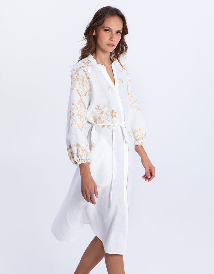Greek Archaic Kori Lefkada Midi Shirt Dress - White and Gold - Simply Beach UK