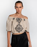 Greek Archaic Kori Lefkada Off the Shoulder Top - Beige and Black - Simply Beach UK