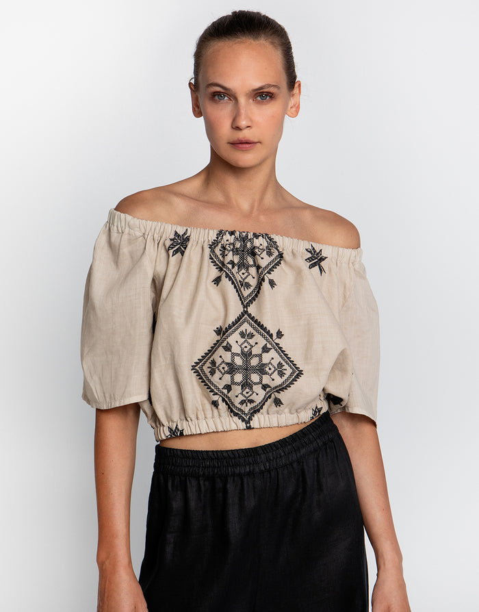 Greek Archaic Kori Lefkada Off the Shoulder Top - Beige and Black - Simply Beach UK