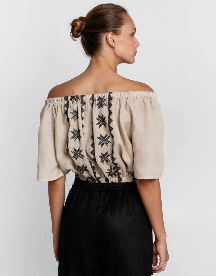 Greek Archaic Kori Lefkada Off the Shoulder Top - Beige and Black - Simply Beach UK