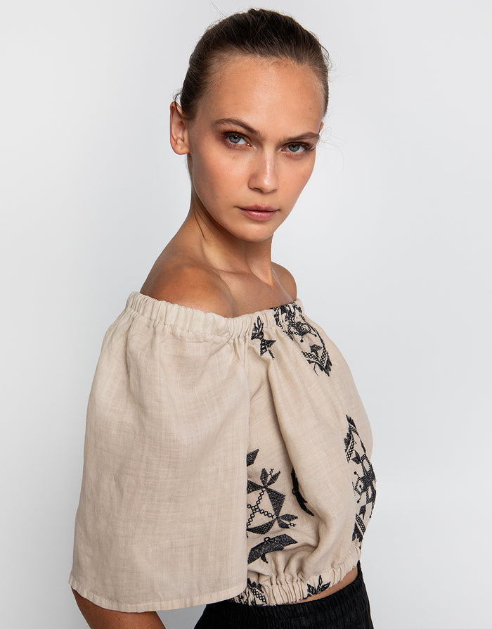Greek Archaic Kori Lefkada Off the Shoulder Top - Beige and Black - Simply Beach UK