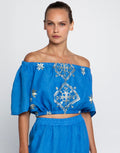 Greek Archaic Kori Lefkada Off the Shoulder Top - Blue Raf and Gold - Simply Beach UK