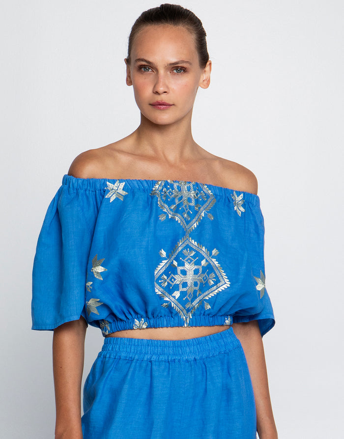 Greek Archaic Kori Lefkada Off the Shoulder Top - Blue Raf and Gold - Simply Beach UK