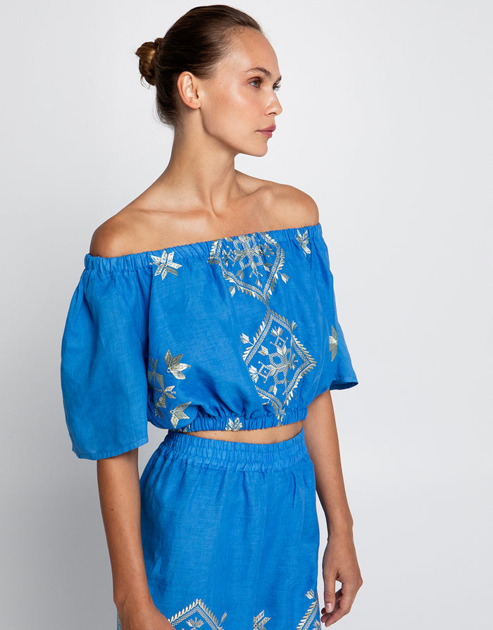 Greek Archaic Kori Lefkada Off the Shoulder Top - Blue Raf and Gold - Simply Beach UK