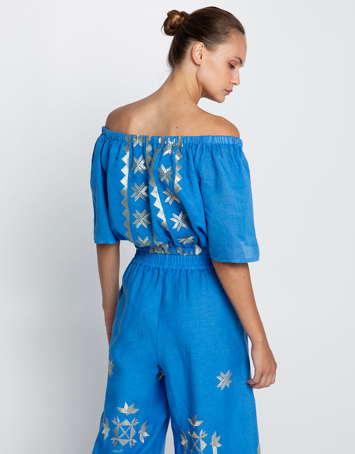 Greek Archaic Kori Lefkada Off the Shoulder Top - Blue Raf and Gold - Simply Beach UK