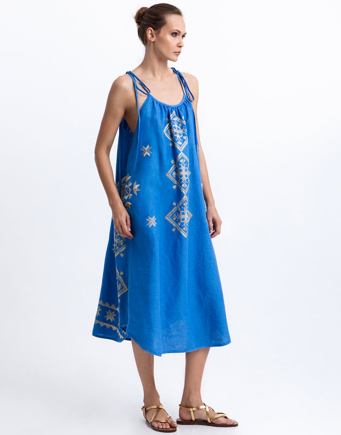 Greek Archaic Kori Lefkada Strappy Dress - Blue Raf and Gold - Simply Beach UK