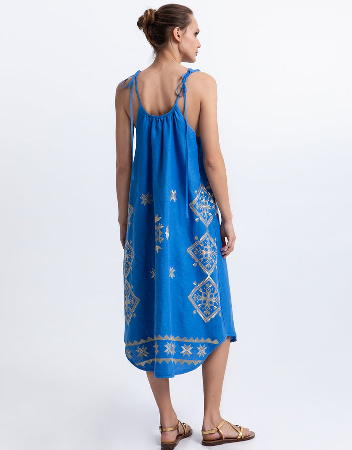 Greek Archaic Kori Lefkada Strappy Dress - Blue Raf and Gold - Simply Beach UK