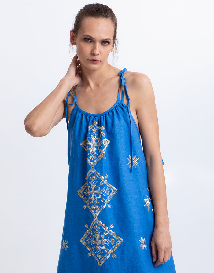 Greek Archaic Kori Lefkada Strappy Dress - Blue Raf and Gold - Simply Beach UK