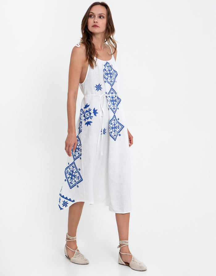 Greek Archaic Kori Lefkada Strappy Dress - White and Blue - Simply Beach UK