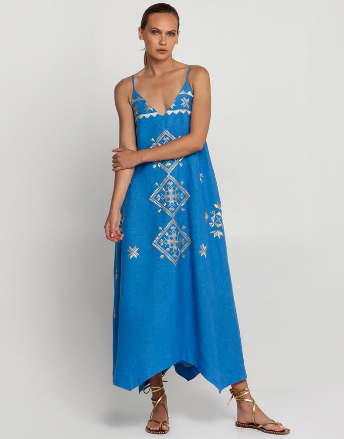 Greek Archaic Kori Lefkada Strappy Midi Dress - Blue Raf and Gold - Simply Beach UK