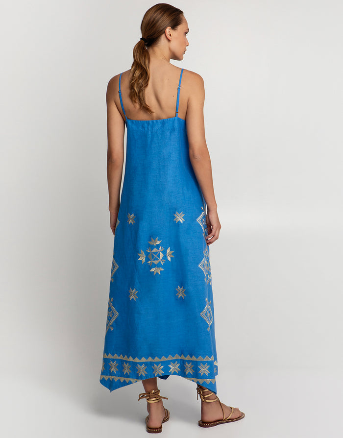 Greek Archaic Kori Lefkada Strappy Midi Dress - Blue Raf and Gold - Simply Beach UK