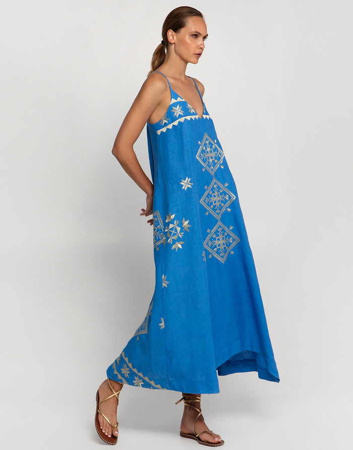 Greek Archaic Kori Lefkada Strappy Midi Dress - Blue Raf and Gold - Simply Beach UK