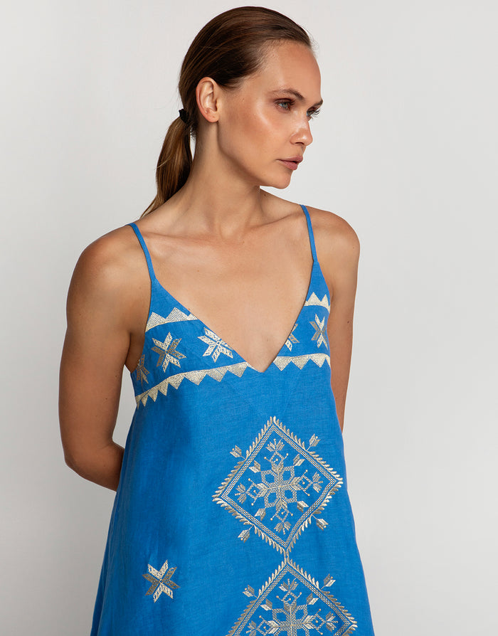 Greek Archaic Kori Lefkada Strappy Midi Dress - Blue Raf and Gold - Simply Beach UK