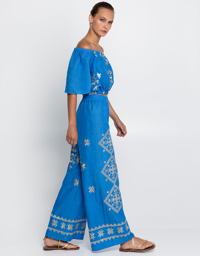 Greek Archaic Kori Lefkada Trousers - Blue Raf and Gold - Simply Beach UK