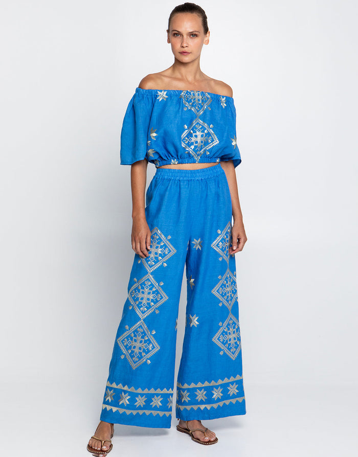 Greek Archaic Kori Lefkada Trousers - Blue Raf and Gold - Simply Beach UK