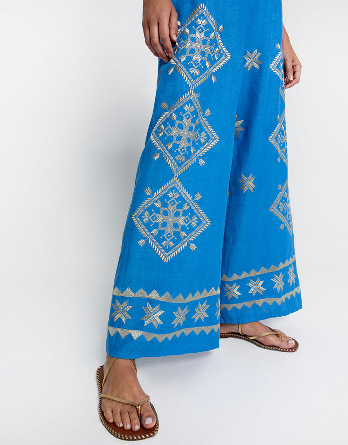 Greek Archaic Kori Lefkada Trousers - Blue Raf and Gold - Simply Beach UK