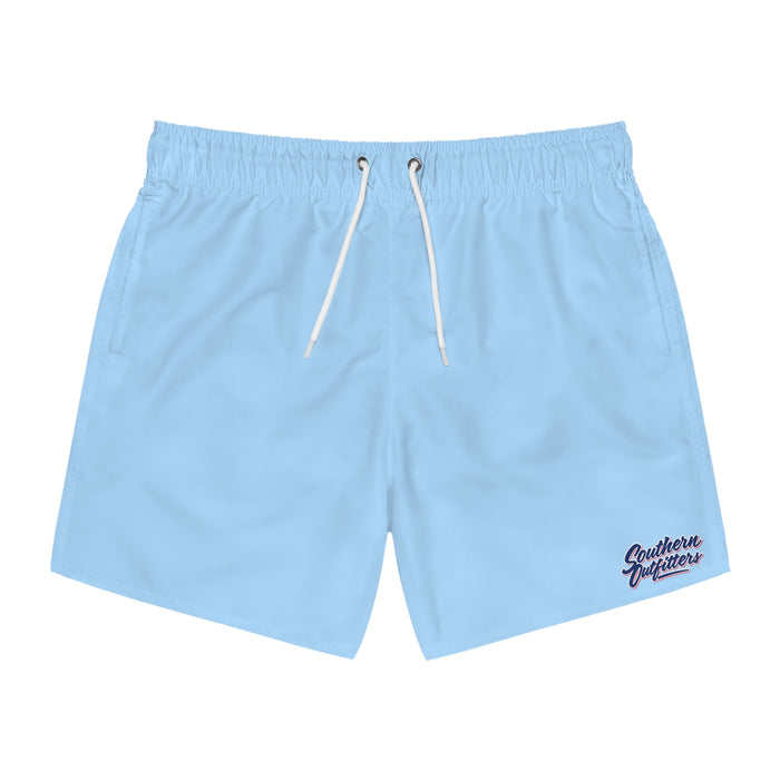 Light Blue Swim Trunks with 'Southern Summers' Script - Men's Beach Swim Shorts