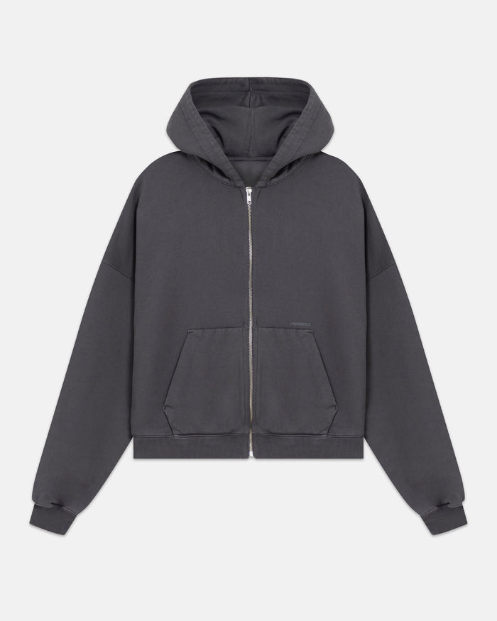 Line Basic Boxy Fit Zip Up Hoodie Dark Gray