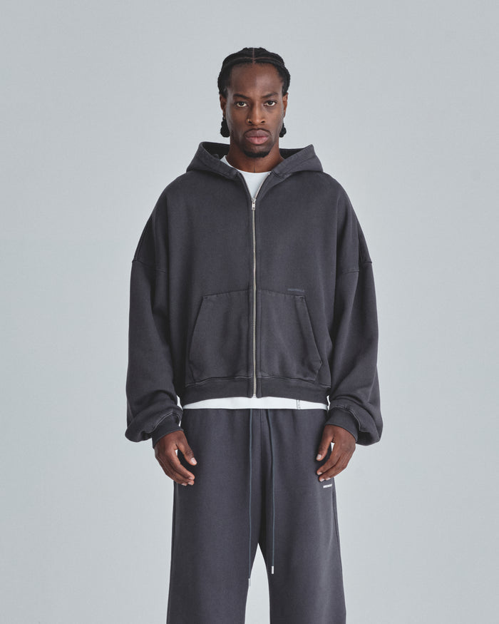 Line Basic Boxy Fit Zip Up Hoodie Dark Gray