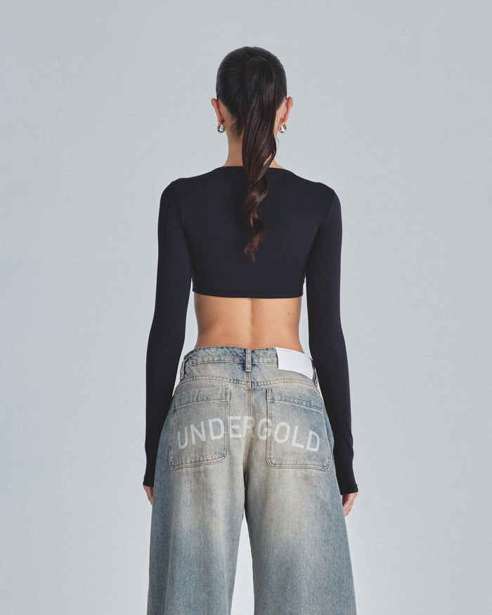 Line Basic Long Sleeve Cropped Tshirt Black