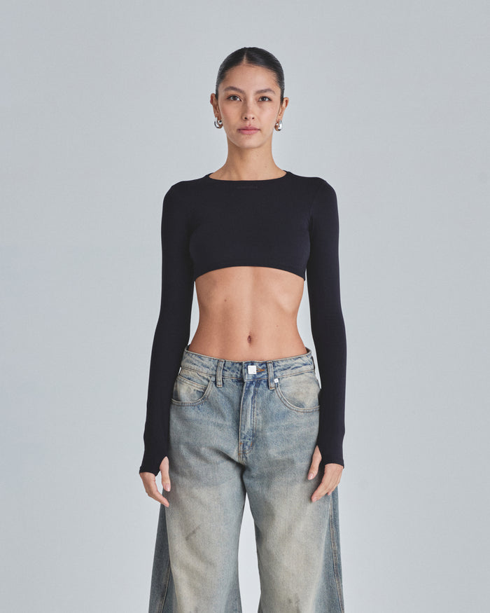 Line Basic Long Sleeve Cropped Tshirt Black