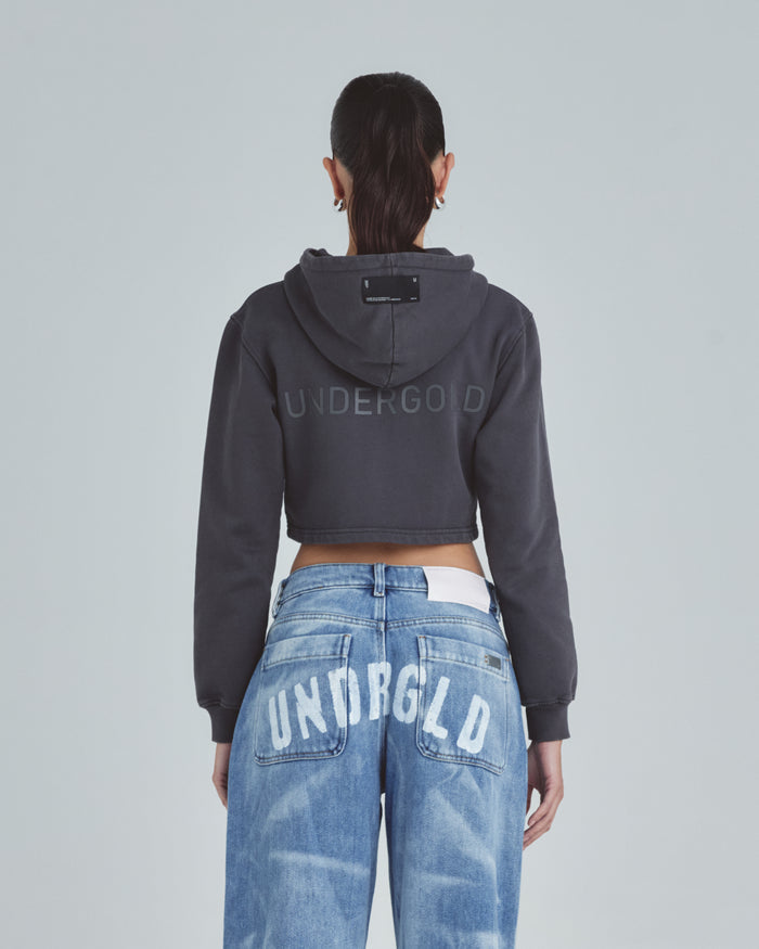 Line Basic Slim Fit Zip Up Cropped Hoodie Dark Gray